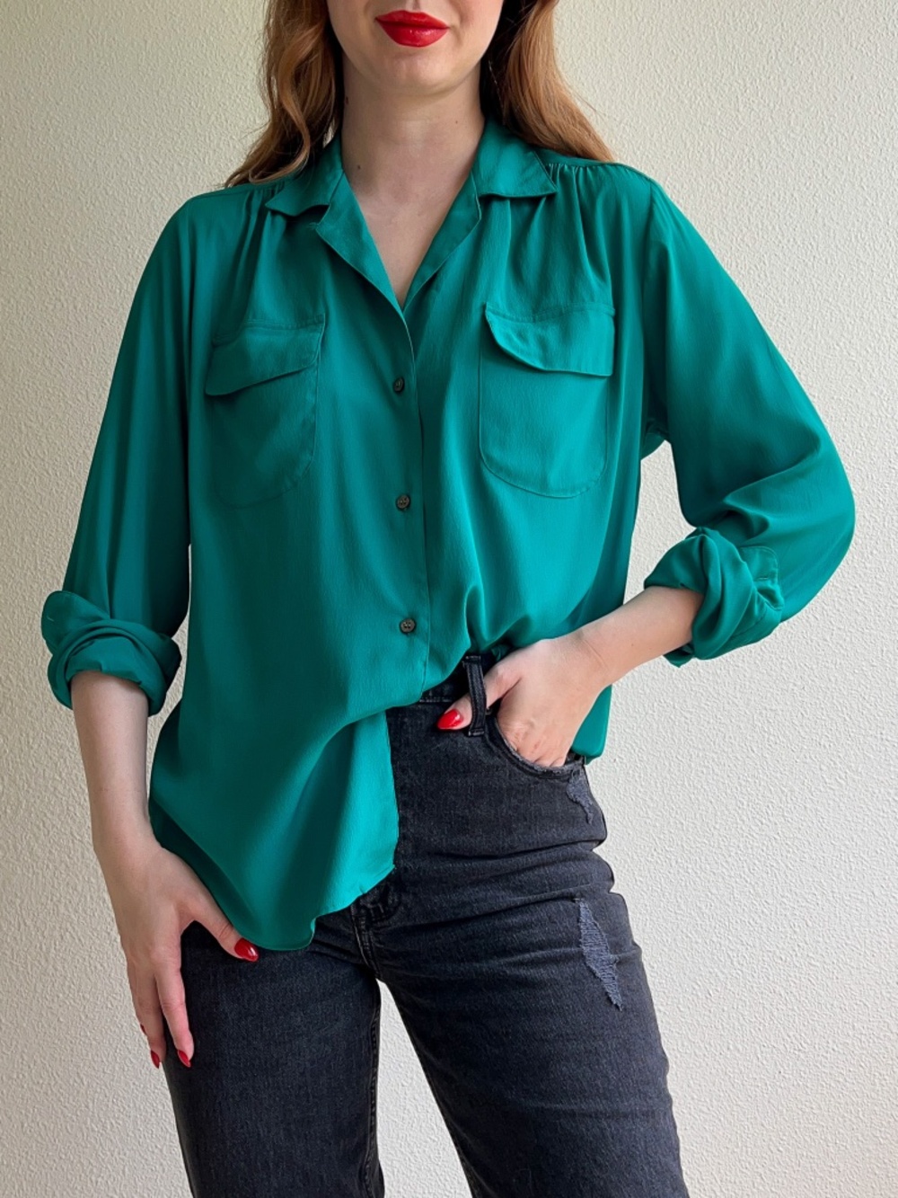 Vintage 1980s Teal Buttoned Blouse With Pockets (M/L)